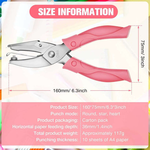 Size chart showing Five Piece Handy Handheld Hole Punch Set with metal punches for tags, clothing, and scrapbooks in circle, heart, star shapes.