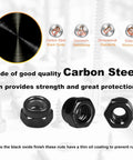 M3 Nylon Insert Hex Lock Nuts 120 Pack Self Locking Carbon Steel With 5.5mm Hex Size And M3 Pitch 0.5mm In Plastic Box Perfect For RC Cars Bikes Pedals And 3D Printer Projects image showing carbon steel construction and black oxide finish.