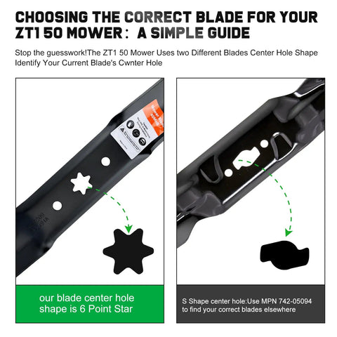 ZT1 50 Blade Set showing 6-point star and S shape center hole guide for Cub Cadet 50 Inch Mower Deck Replace 94205052A