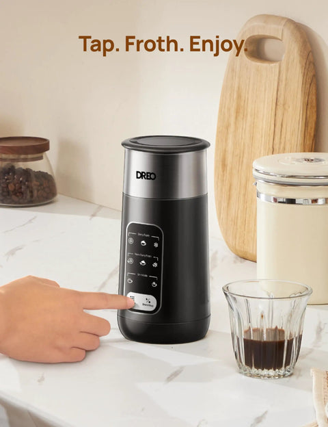 Milk Frother With 8 In 1 Functionality For Latte Art, Microfoam And Coffee, Stainless Electric Frother, LED display, countertop view