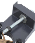 Close-up of Baxnore grey metal wood lathe steady rest with threaded adjustment rod and mounting bolt