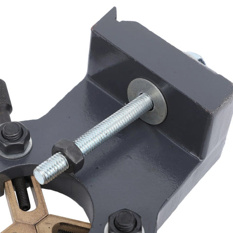 Close-up of Baxnore grey metal wood lathe steady rest with threaded adjustment rod and mounting bolt