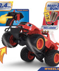 Blaze And The Monster Machines RC Monster Truck Toy For Kids doing wheelies, showcasing 2.4 GHz remote control, turbo boost feature.