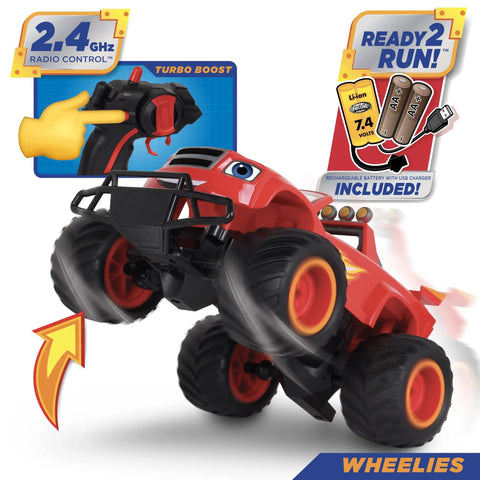 Blaze And The Monster Machines RC Monster Truck Toy For Kids doing wheelies, showcasing 2.4 GHz remote control, turbo boost feature.