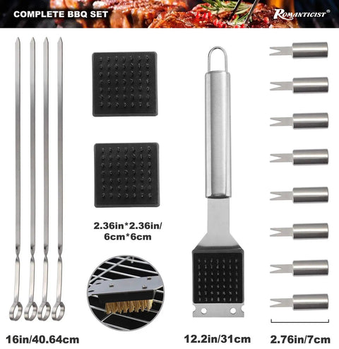 Display of Grillin Ready 23 Piece BBQ Tool Set With Thermometer In Aluminum Case Stainless Steel Utensils, skewer, grill mat, brush