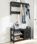 Alt Tag: Five In One Entryway Hall Tree With Bench And Coat Rack Freestanding Black Space Saving Shoe Organizer in room setting
