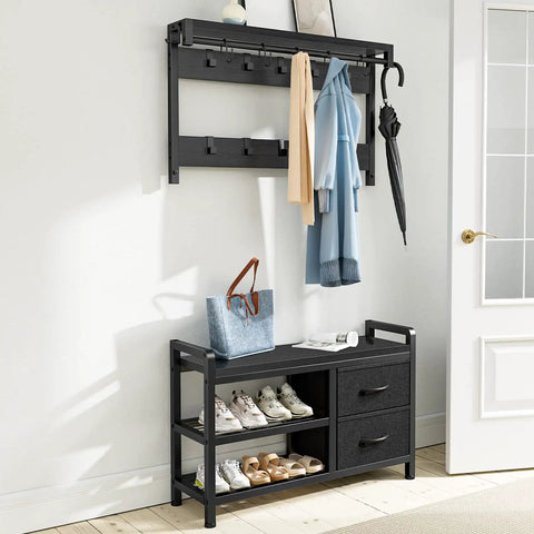 Alt Tag: Five In One Entryway Hall Tree With Bench And Coat Rack Freestanding Black Space Saving Shoe Organizer in room setting