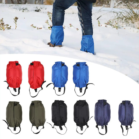 Adjustable Nylon Snow Gaiters For Men And Women, Waterproof Breathable Leg Covers for boots, shown in multiple colors on snow.