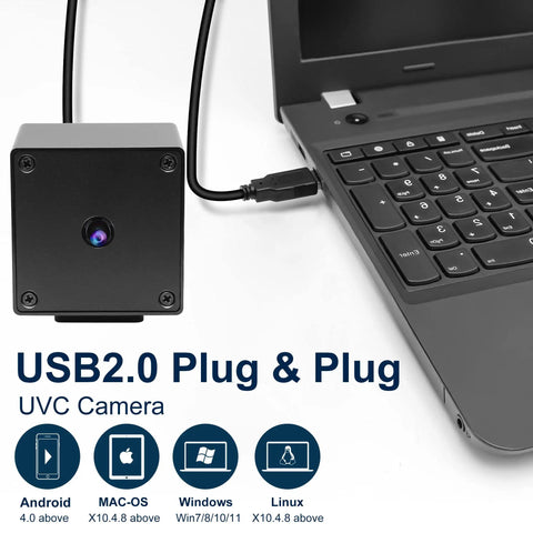 Ultra HD 48MP USB Camera With 8000x6000 Resolution Auto Focus In 200ms Plug And Play UVC Industrial Camera For 3D Printers And Machine Vision Color Accurate High Definition Imaging For Tight Tolerance Work shown next to a laptop