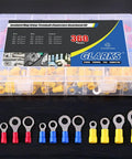 360 Piece Quick Disconnect Crimp Terminal Assortment Kit With Insulated Ring Terminals In 22 To 16 Gauge, 16 To 14 Gauge And 12 To 10 Gauge M4 M5 M6 M8 Sets For Automotive, Audio, And DIY Electrical Projects in a clear plastic box with red, blue, and yellow terminals displayed in front.