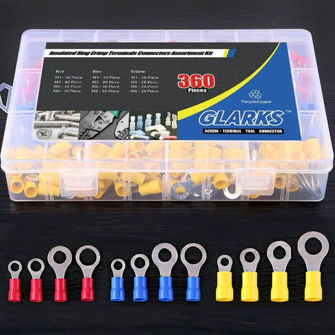 360 Piece Quick Disconnect Crimp Terminal Assortment Kit With Insulated Ring Terminals In 22 To 16 Gauge, 16 To 14 Gauge And 12 To 10 Gauge M4 M5 M6 M8 Sets For Automotive, Audio, And DIY Electrical Projects in a clear plastic box with red, blue, and yellow terminals displayed in front.