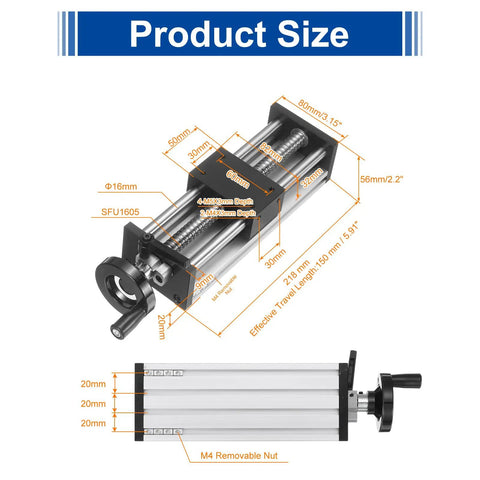 150Mm Travel Manual Sliding Table With Ball Screw SFU1605 16Mm Diameter, size diagram and specifications