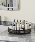 13 Inch Lazy Susan Turntable Heavy Duty Metal Spice Rack Organizer Built Tough As A Rock With A Smooth 360 Swivel Base Rust Resistant Finish For Kitchen Storage with beauty products on a bathroom counter.