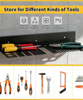 Wall Mount Screwdriver And Tool Organizer With Cleaning Towel, Heavy Duty Metal Holder For Pliers, Hammers, Wrenches, Sockets And More, Maximizes Workbench Space, Garage Organization Rack, Easy Mount On Concrete Or Wood displayed on wall with tools.