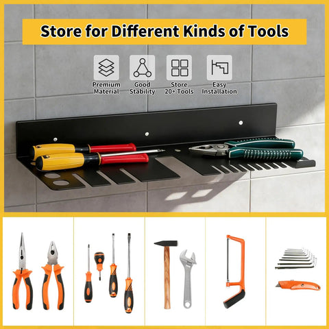 Wall Mount Screwdriver And Tool Organizer With Cleaning Towel, Heavy Duty Metal Holder For Pliers, Hammers, Wrenches, Sockets And More, Maximizes Workbench Space, Garage Organization Rack, Easy Mount On Concrete Or Wood displayed on wall with tools.
