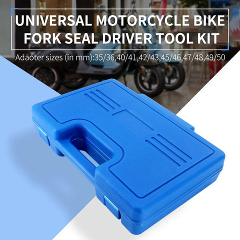 Blue case for Universal Motorcycle Fork Seal Driver Tool Kit, 14-Piece All-In-One Set with 6 Pairs Adapters, visible on a surface