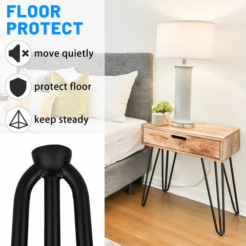 6 Inch 3 Rod Solid Metal Hairpin Furniture Legs Set Of Four In Black Finish on nightstand.