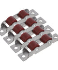 Four Piece Sliding Door Rollers With Double Wheel Bearing Track Pulleys For Smooth As Butter Glide Top Notch Quality Replacement Parts No Fuss Fit Guaranteed For Doors showing red track pulleys on steel base.