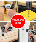 Collage of 8V Cordless Drill With LED Light And 146 Piece Home Repair Tool Set In Portable Box used on wood, metal, and walls.