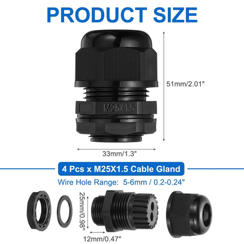 4 Pack M25 Cable Glands Waterproof Nylon Junctions For Cable Fixing Wiring Repair Gland Replacement With Two Wire Holes 5 To 6mm Black Heavy Duty Durable Electrical Enclosure Seal, shown in various angles and dimensions.
