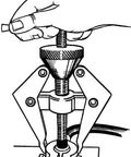Illustration of Dual Purpose Battery Terminal And Wiper Arm Puller For Easy Removal Of Stuck Terminals And Bolted On Wiper Arms Center Screw Lifts Clamp Off Terminal And Fits Over Tapered Spline For Automotive Repair And Maintenance From Lisle being used to lift a terminal.