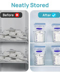 Before and after fridge organization using Snag These Dope Clear Breastmilk Storage Bins For Freezer And Fridge Featuring Four Tight Narrow Organizer Containers That Keep Fresh Milk Ready Whenever You Get Around To It.