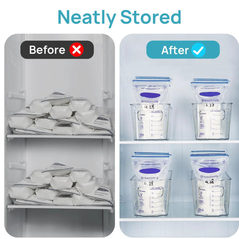 Before and after fridge organization using Snag These Dope Clear Breastmilk Storage Bins For Freezer And Fridge Featuring Four Tight Narrow Organizer Containers That Keep Fresh Milk Ready Whenever You Get Around To It.