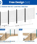 Heavy Duty Side Mount Modular Cable Railing Kit For Stairs with stainless steel finish and adjustable post spacing up to 16 feet.