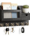 Key And Mail Organizer Wall Mount With Six Hooks And A Small Storage Drawer for Entryway. Made from dark wood, features mail slot, hooks, drawer.