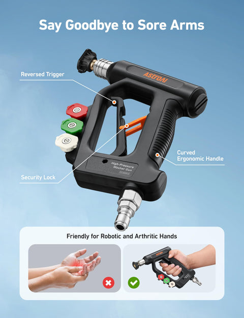 Short Pressure Washer Gun With Swivel, 4060 PSI Max, Four Nozzles, Three Eighths Inch Swivel Quick Connect, Black, ergonomic handle and security lock.