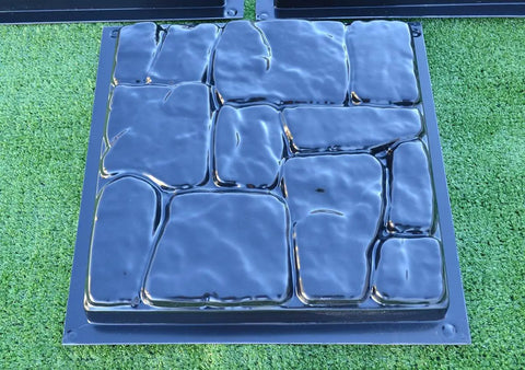 DIY Flagstone Concrete Mold Set 5-Piece Cobblestone Paver Molds on grass, durable ABS plastic, for garden path creation.