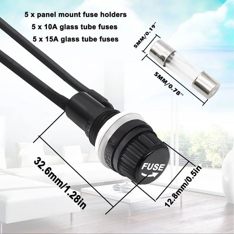 Heavy Duty Panel Mounted 5x20mm Screw Cap Fuse Holders With Pre Soldered Wires And Quick Blow Glass Tube Fuses dimensions and details