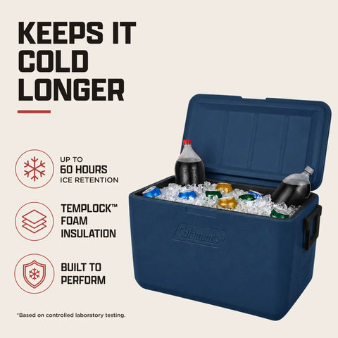 48 Quart Portable Cooler With Ice Retention Up To 60 Hours And TempLock Foam, Leak Resistant Build, filled with ice and drinks