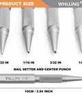 Top Tier 4 Piece Nail Setter And Center Punch Set Forged From Heat Treated Alloy Steel with 1/32 to 1/8 inch tips for woodworking.