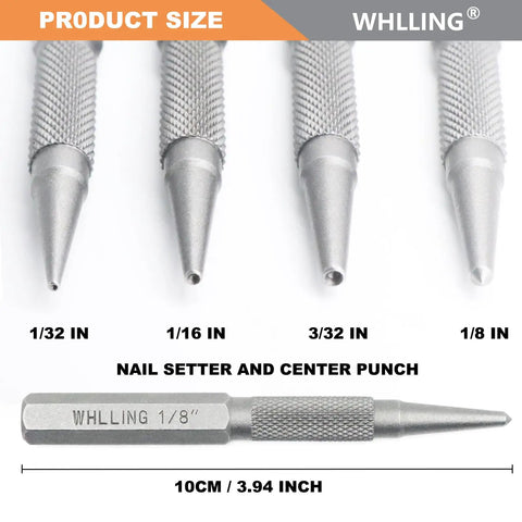 Top Tier 4 Piece Nail Setter And Center Punch Set Forged From Heat Treated Alloy Steel with 1/32 to 1/8 inch tips for woodworking.