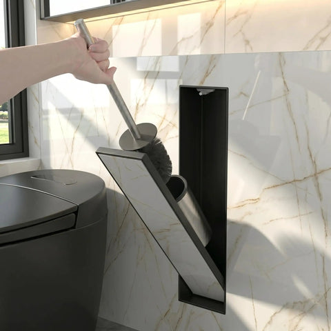 Hidden In Wall Toilet Brush Holder Cabinet in matte black with tileable door, sleek space saver bathroom organizer, 45x12x12 cm, in use.