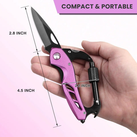 Pink 6-In-1 Multitool Carabiner with Knife, Bottle Opener, Glass Breaker, EDC Keychain Gadget in hand, dimensions shown