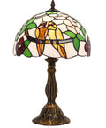 Tiffany Style Stained Glass Table Lamp With Dope Double Tropical Birds, Bedside Desk Reading Light, 12x12x18 inches, bronze base