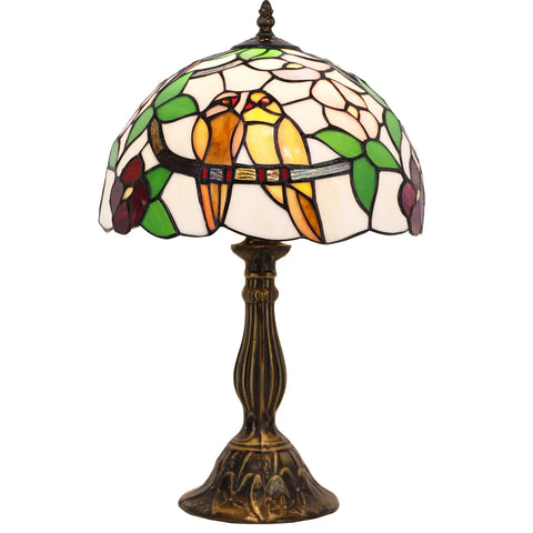 Tiffany Style Stained Glass Table Lamp With Dope Double Tropical Birds, Bedside Desk Reading Light, 12x12x18 inches, bronze base