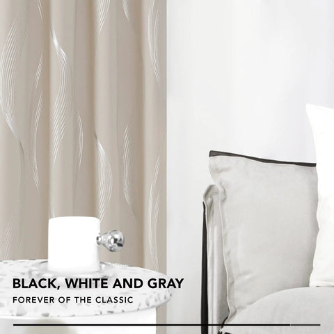 Silver Wave Print Blackout Curtains That Keep It Dark And Quiet With Thermal Insulation And Noise Reduction For Bedroom And Living Room, OEKO-TEX Certified, Light Beige, 52W X 84L, 2 Panels in a stylish bedroom setting.