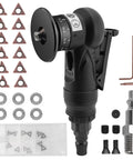 Mini pneumatic chamfering tool, front view, handheld black with 45-degree dial; includes carbide inserts and hex keys.