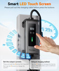 Premium Top Tier Portable Level 1 And Level 2 EV Charger 40 Amp For J1772 Electric Vehicles With NEMA 1450 Plug Smart 2 In 1 Wallbox Mount showcasing a smart LED touch screen.