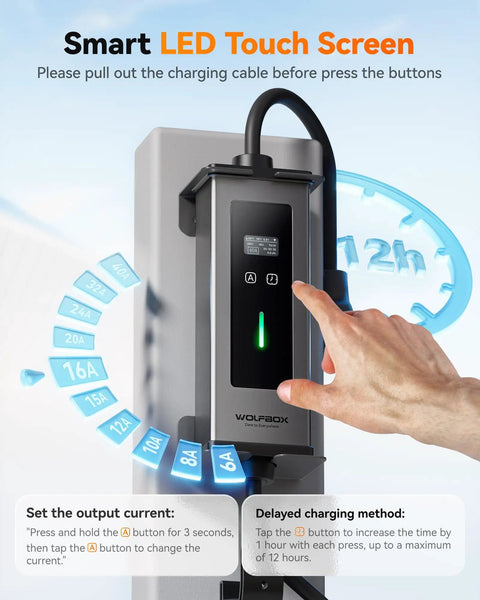 Premium Top Tier Portable Level 1 And Level 2 EV Charger 40 Amp For J1772 Electric Vehicles With NEMA 1450 Plug Smart 2 In 1 Wallbox Mount showcasing a smart LED touch screen.
