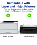 Avery Printable Postcards: front view of white laser printer and black inkjet printer with green check marks.