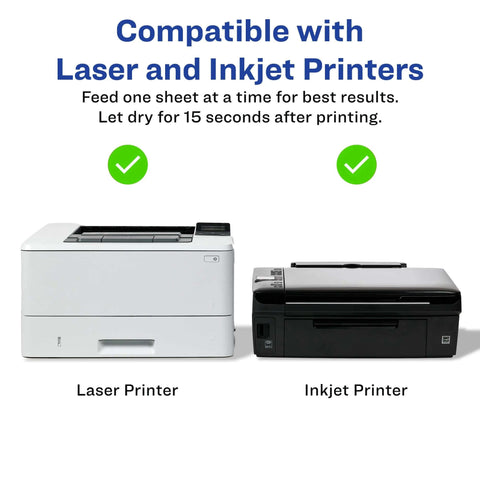 Avery Printable Postcards: front view of white laser printer and black inkjet printer with green check marks.