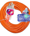 Heavy Duty Indoor Outdoor 100 Ft Extension Cord 10 Gauge 3 Conductor With Lighted Ends, Orange 3 Prong Triple Tap