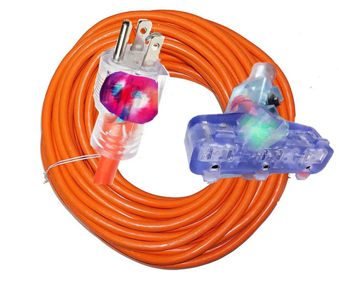 Heavy Duty Indoor Outdoor 100 Ft Extension Cord 10 Gauge 3 Conductor With Lighted Ends, Orange 3 Prong Triple Tap