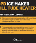 Product image with text describing the Upgraded Ice Maker Fill Tube Heater Replacement For Samsung Refrigerators Quick Fix For E33 Errors Leaks And Blockages No Fuss Install Direct Fit Part For Steady Ice Production and its benefits.