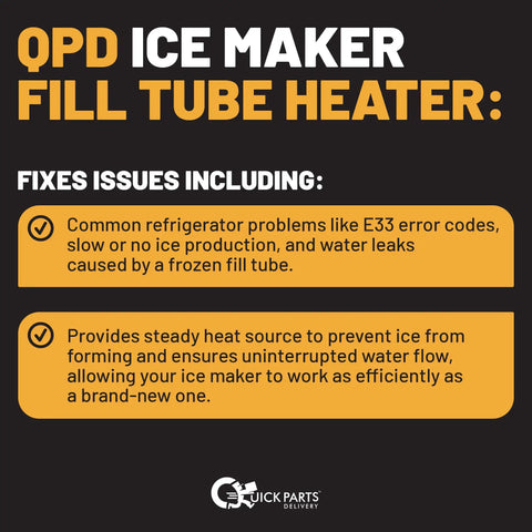 Product image with text describing the Upgraded Ice Maker Fill Tube Heater Replacement For Samsung Refrigerators Quick Fix For E33 Errors Leaks And Blockages No Fuss Install Direct Fit Part For Steady Ice Production and its benefits.