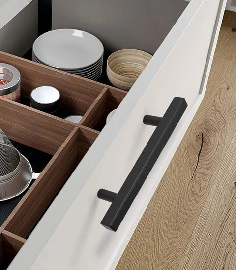 Open kitchen drawer with 30 Piece 3 Inch Black Cabinet Pulls Square Stainless Steel Handles With Screws For Kitchen Cabinets, Flat Black Finish PHJ22BK76 mounted on the side.